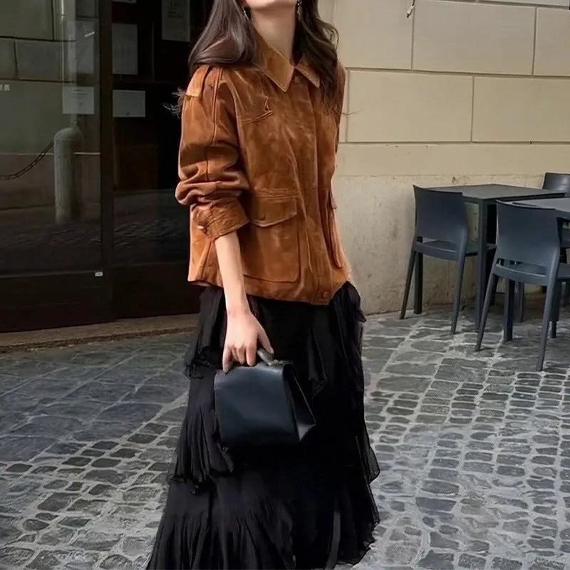 Women's suede-look coat in street chic style with regular sleeves in brown colour