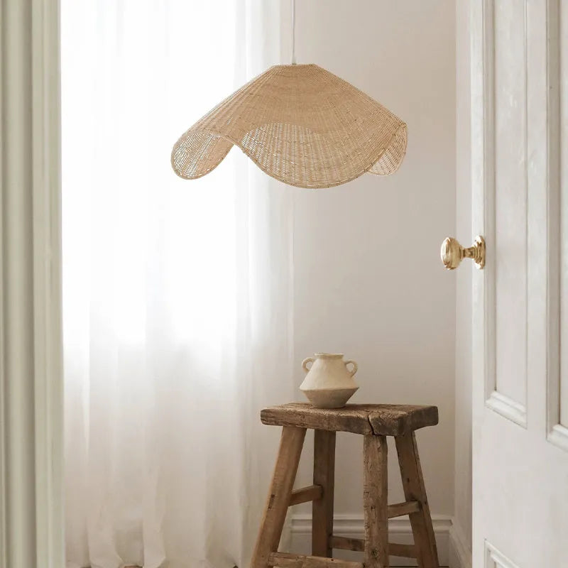 Handmade rattan bamboo chandelier with natural fibre shade and warm LED light