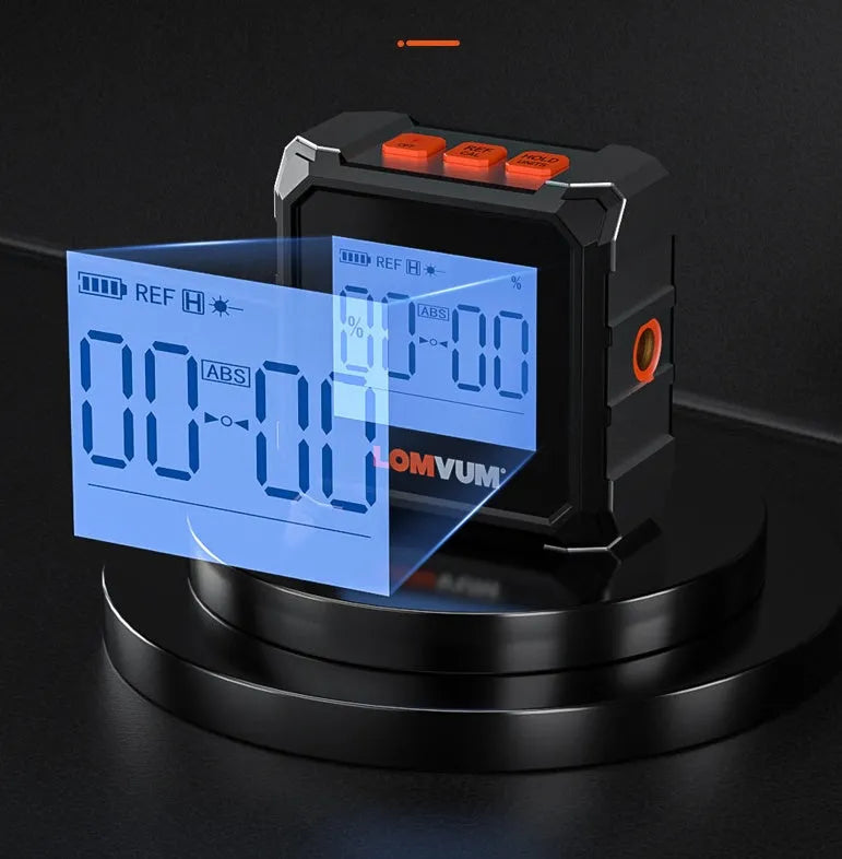Digital laser inclinometer tool with alloy casing and backlit display on a metal surface.