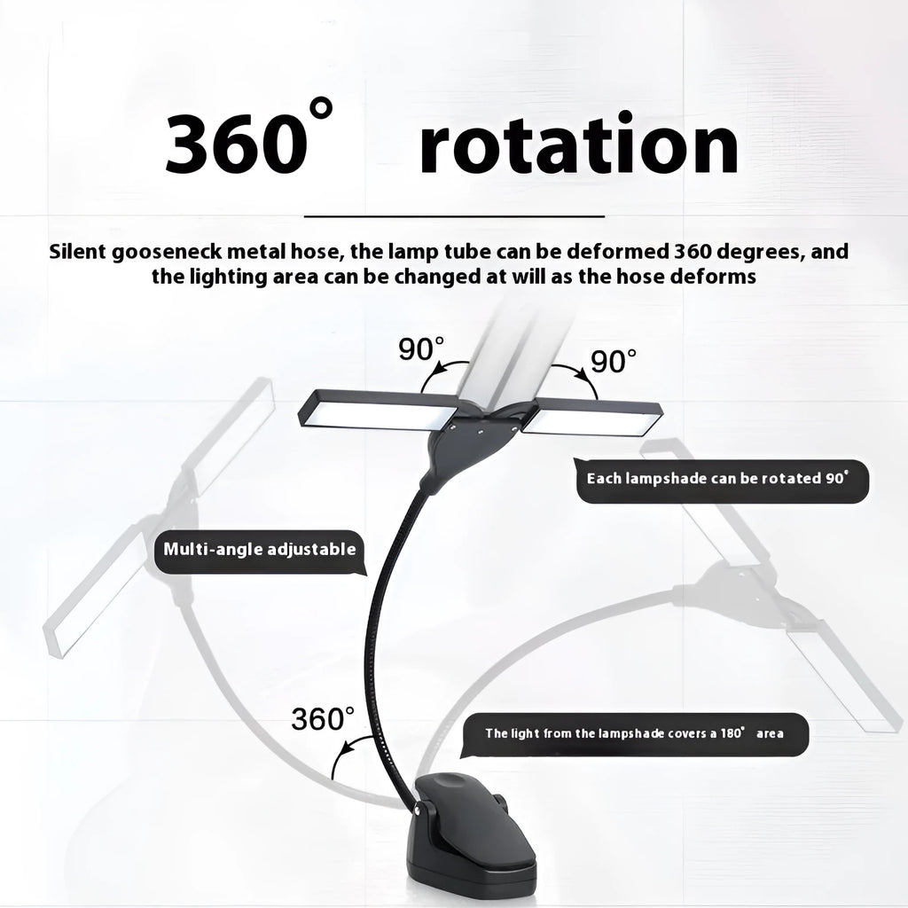Black rechargeable music stand lamp with 28 LEDs clipped to a metal music stand.