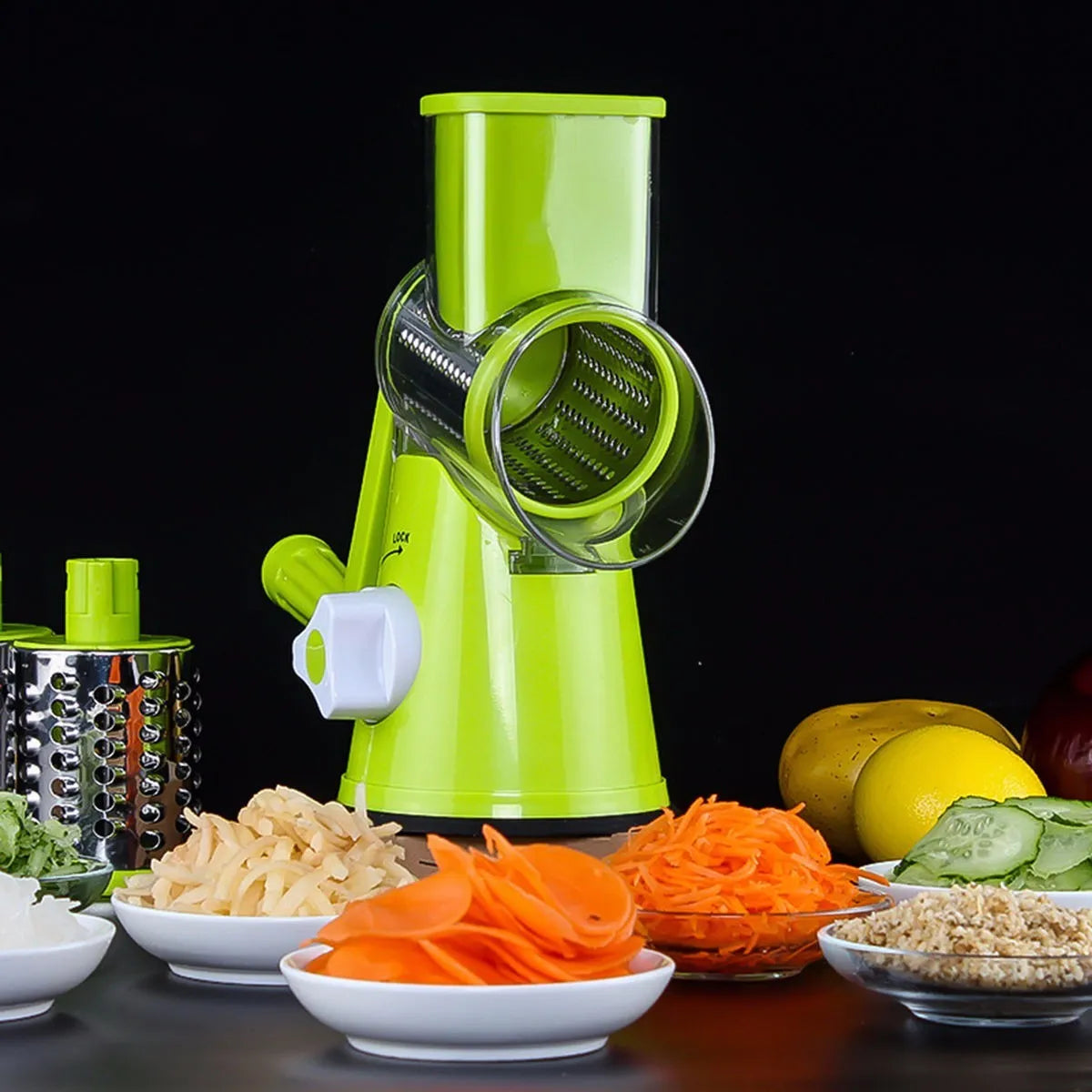 Mandoline slicer vegetable cutter with three stainless steel blades and suction base