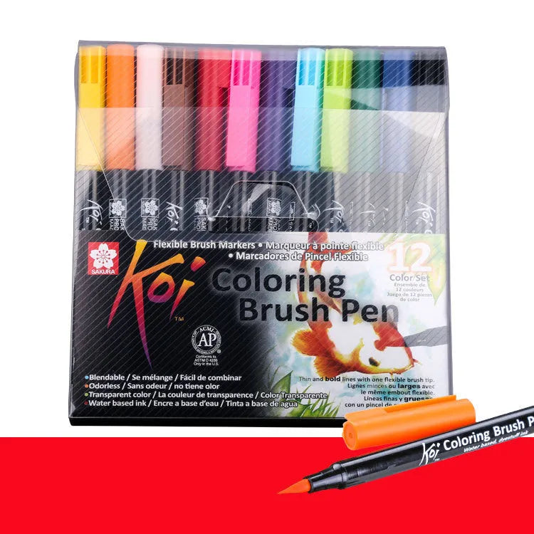 Set of refillable watercolour brush markers with soft tips, showing 12 vibrant colours in a case.