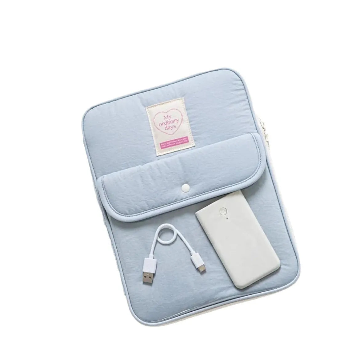 Nylon snap pocket tablet PC bag showing front compartment and colour options