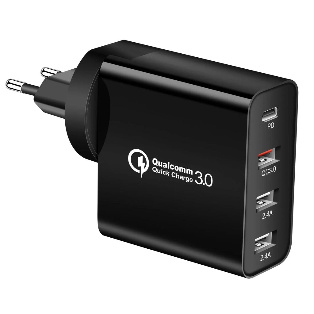 Black or white 48W PD charger with four USB Type-C ports and a power indication light.