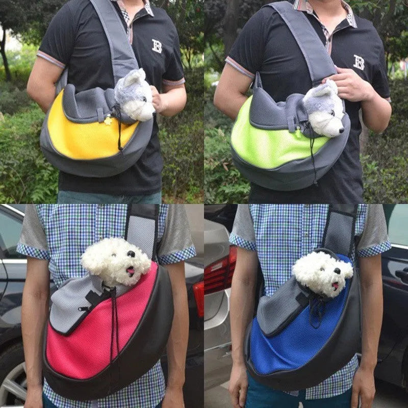 Blue pet backpack for small dogs showing size dimensions and carrying straps.