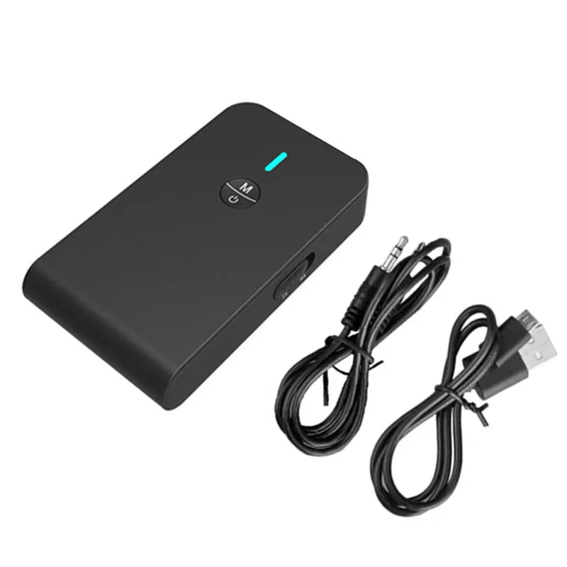 Black Bluetooth audio adapter with 3.5mm AUX plug and external power supply unit