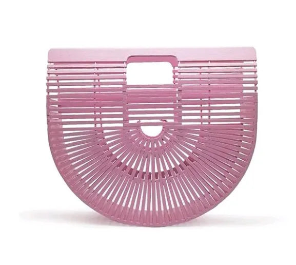 Bamboo clamshell beach backpack in polished natural fibre, available in black pink white yellow four sizes