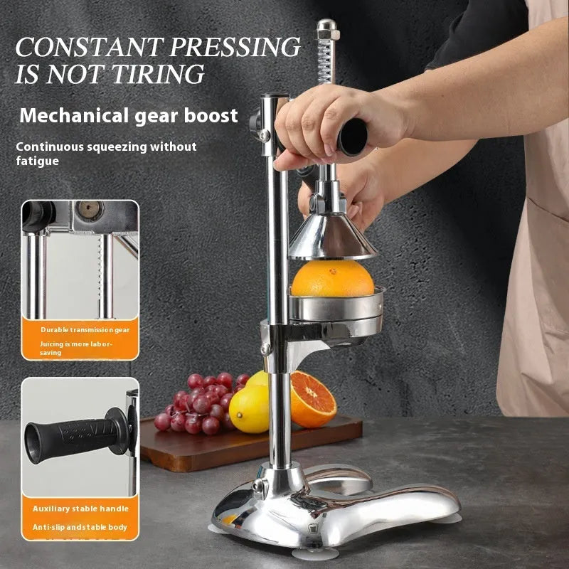 Vertical stainless steel manual citrus juicer in black, silver, white, orange, or electroplated finish with pointed, flat, or double-headed tip.