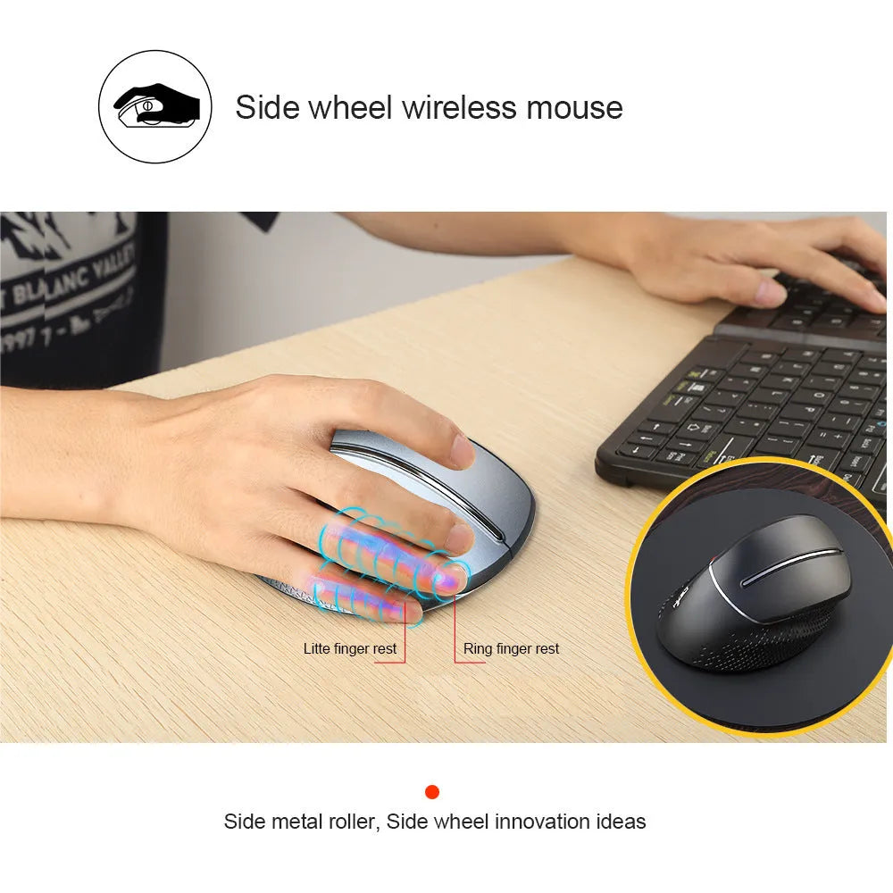 T32 Wireless Vertical Ergonomic Mouse in black or silver showing side roller and vertical design.