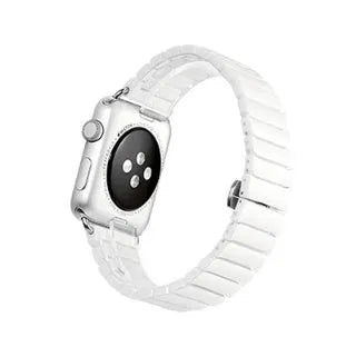 Ceramic Apple Watch strap with stainless steel clasp in black and white colour options