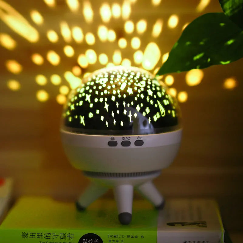 Black and white rotating cartoon starlight projection lamp on a table.