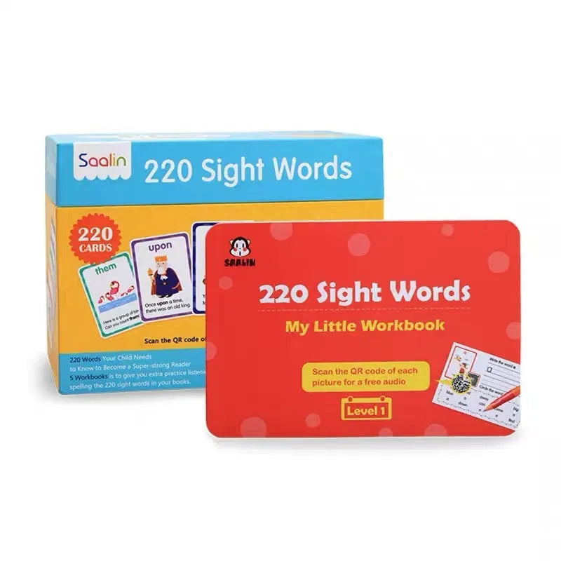Set of 220 high-frequency word learning cards and five workbooks for early childhood education