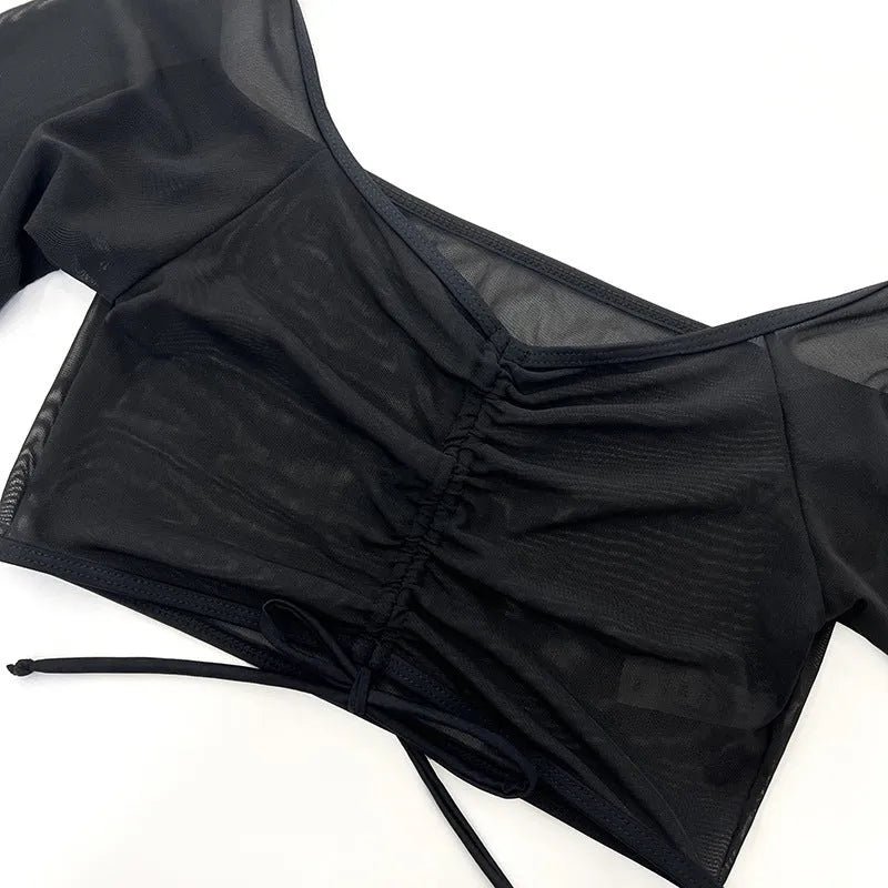 Black mesh women's four-piece bikini swimsuit with long sleeves for swimming sports