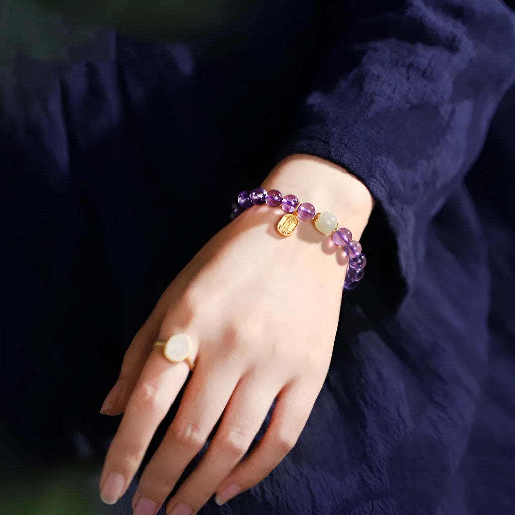 Women's amethyst crystal bracelet with 8mm geometric beads in national style design