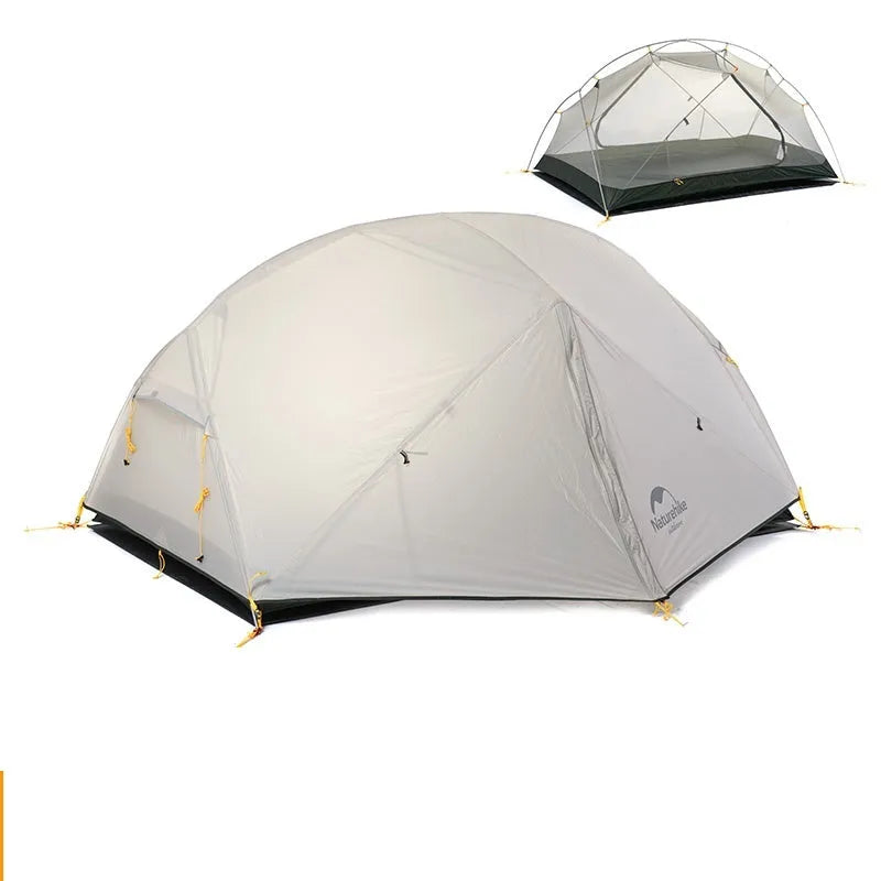 Ultralight 20D silicone nylon double layer camping tent for two people with aluminium poles in grey outdoor setting