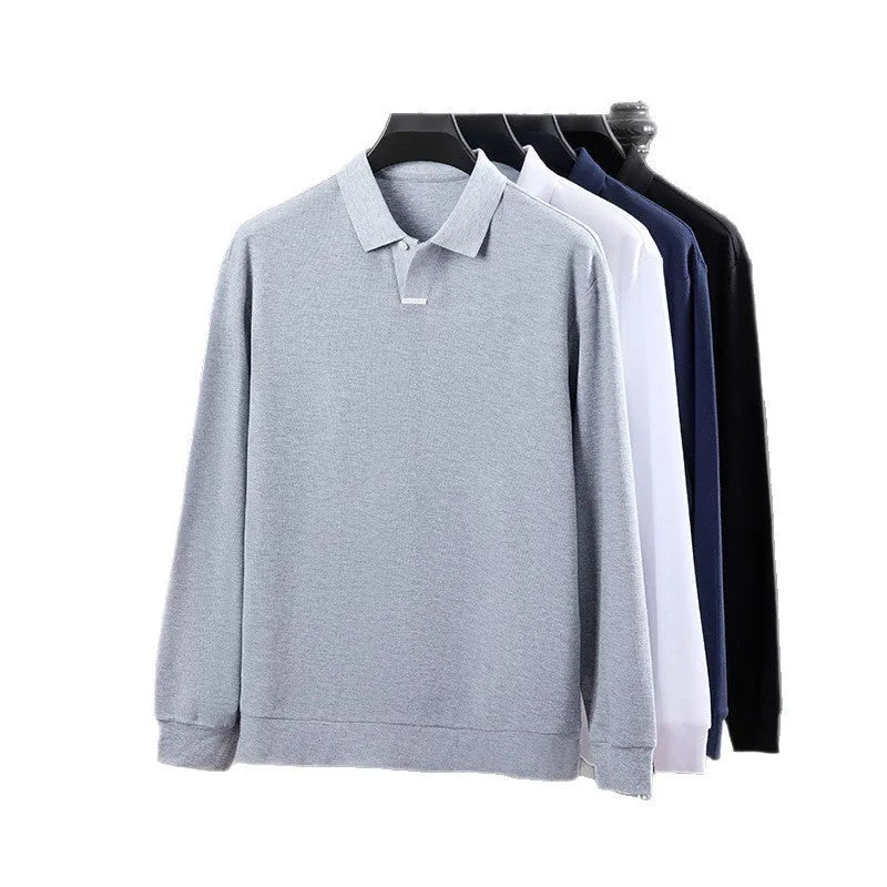Men's loose fit cotton polo shirt with lapel collar in grey, shown on a hanger.