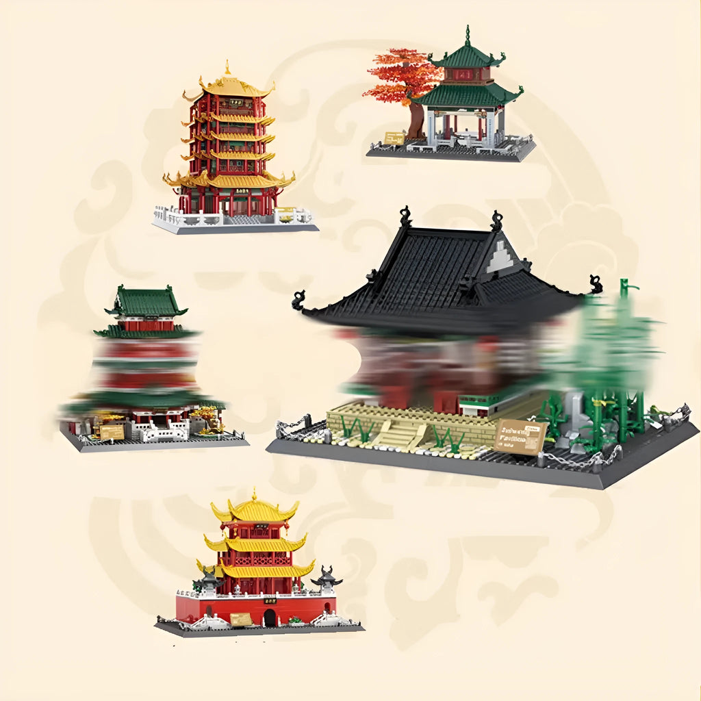 Wange building blocks set with over 800 pieces for constructing architectural landmark models.