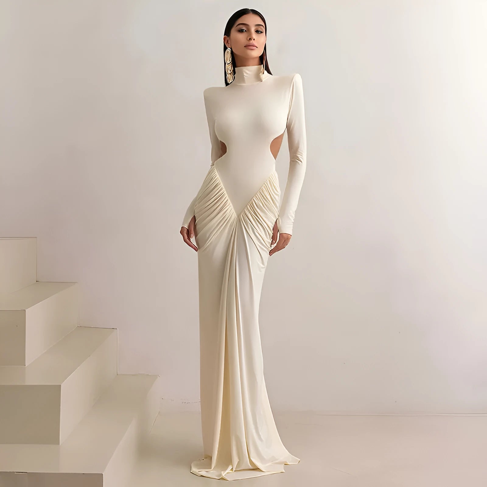 Women's long sleeve slim fit dress with high collar and pleated backless detail in solid colour