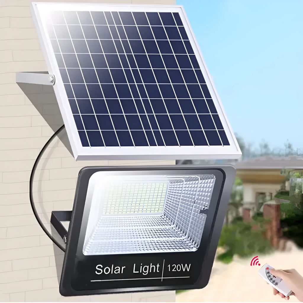 Black solar-powered LED flood light for outdoor garden and security lighting.
