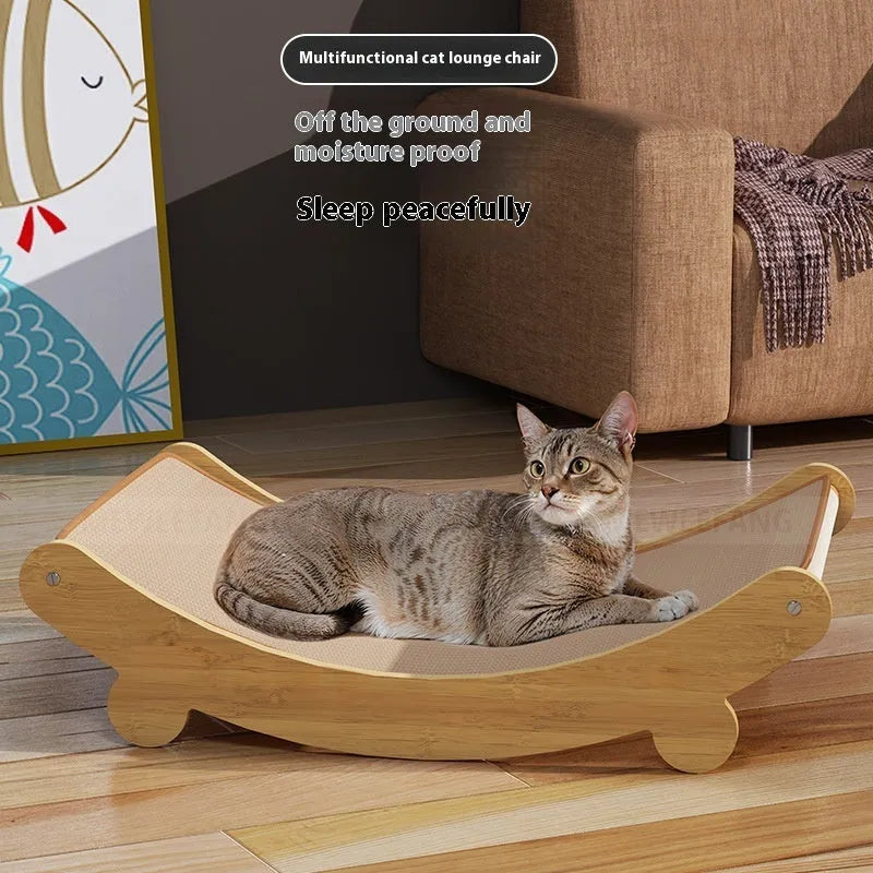U-shaped sisal cat scratch board lounge chair nest for cats, shown in a pastoral style.