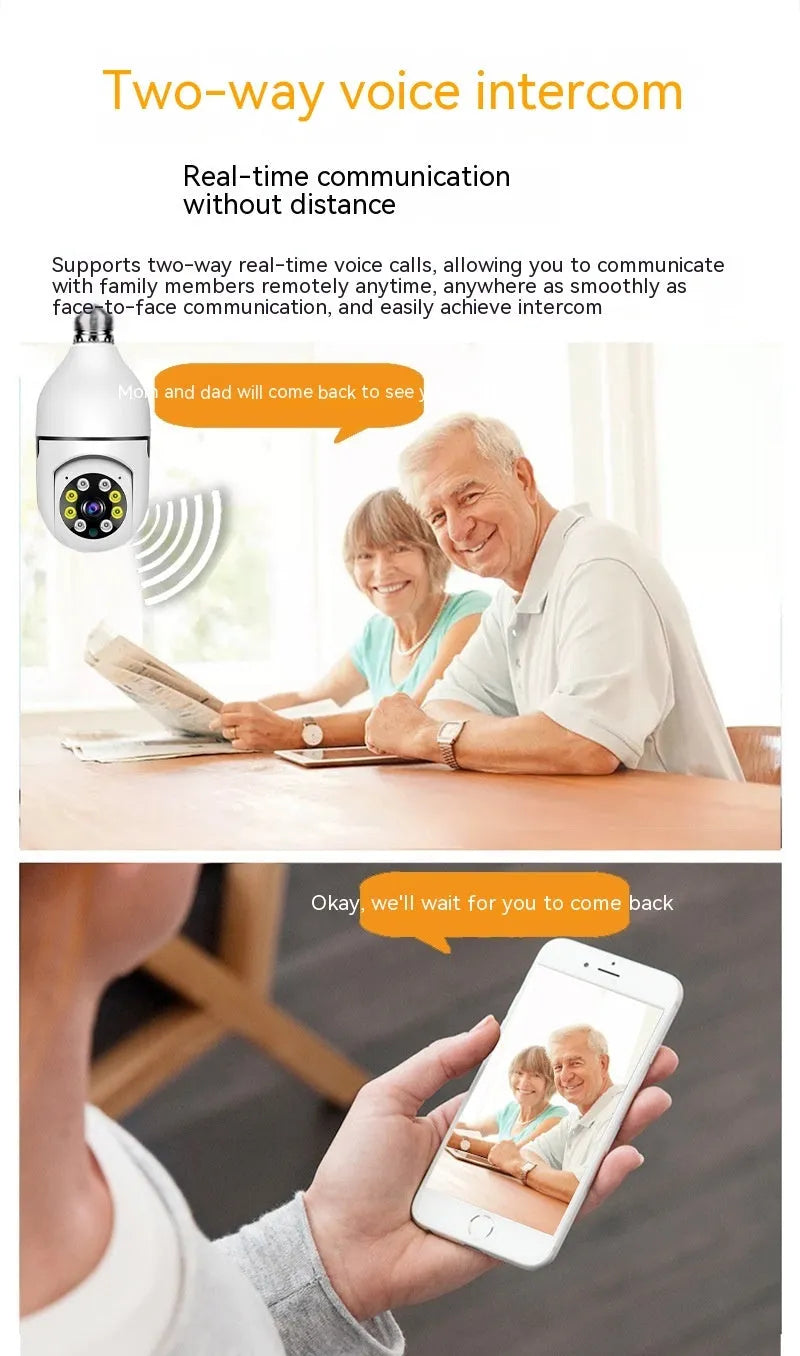 Wireless wifi security bulb camera with plastic and metal construction for indoor and outdoor 1080p monitoring.