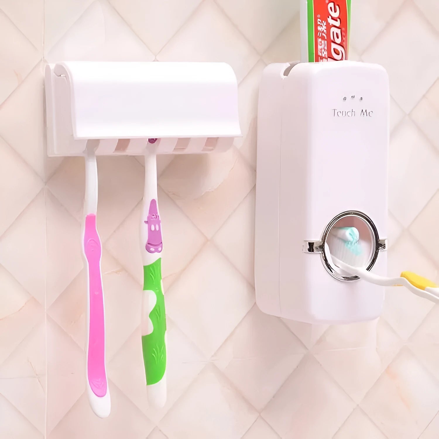 White and wine red adhesive plastic toothbrush holder for bathroom wall mounting.