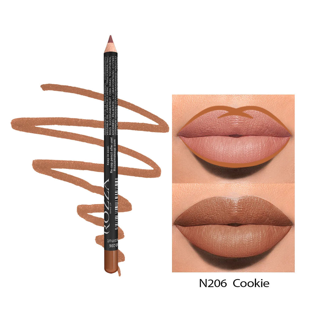 Matte lip liner pencil in standard packaging shown with colour range from shade 201 to 214.