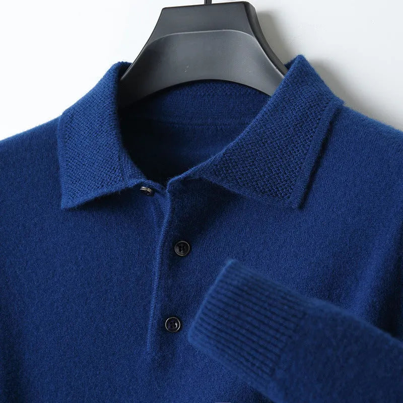 Men's grey polo collar pullover sweater on a hanger, showing long sleeves and knit texture.