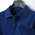 Men's grey polo collar pullover sweater on a hanger, showing long sleeves and knit texture.