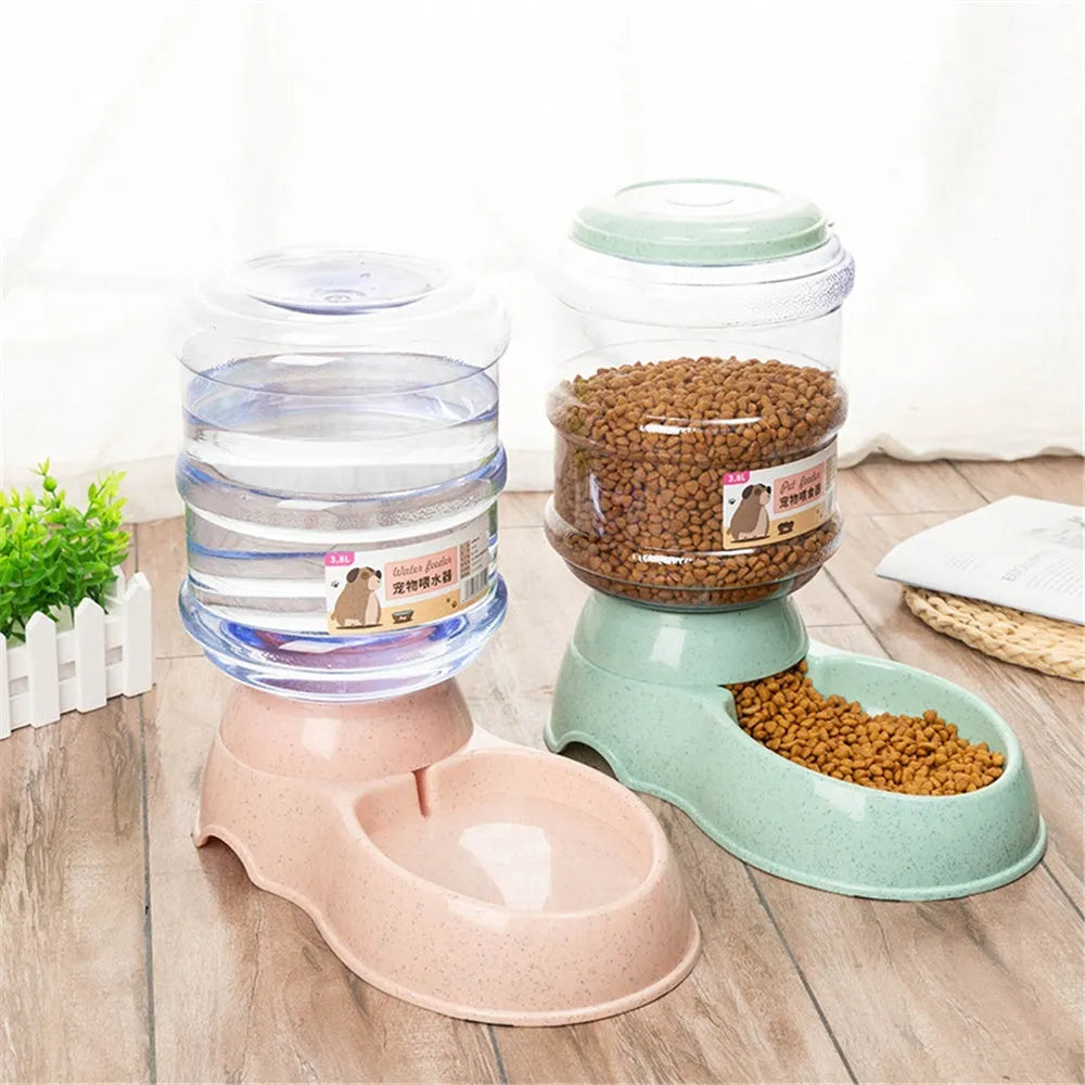 Automatic pet feeder and drinker combo set with plastic feeding trough and drinking trough for cats and dogs