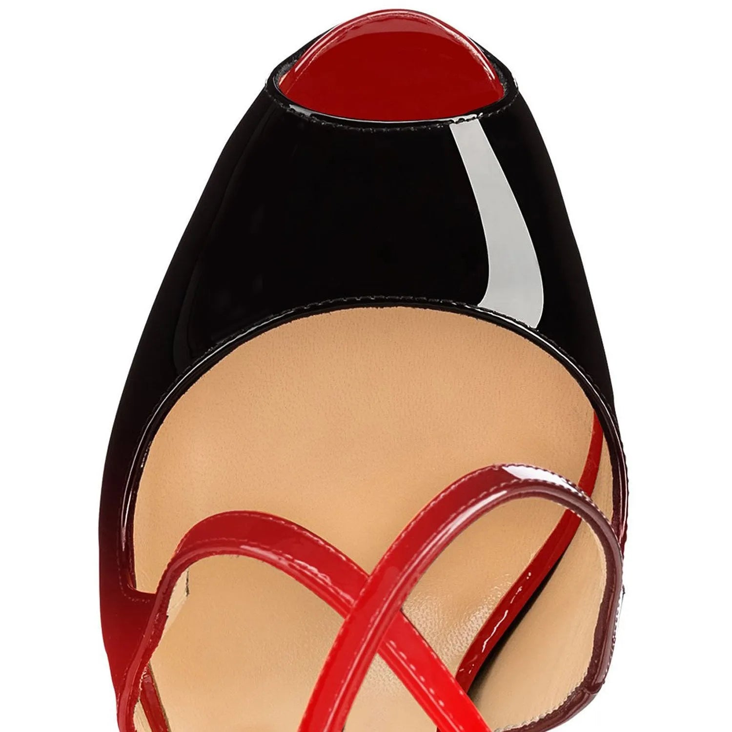 Black and red women's peep toe high heel shoes with cross strap design.
