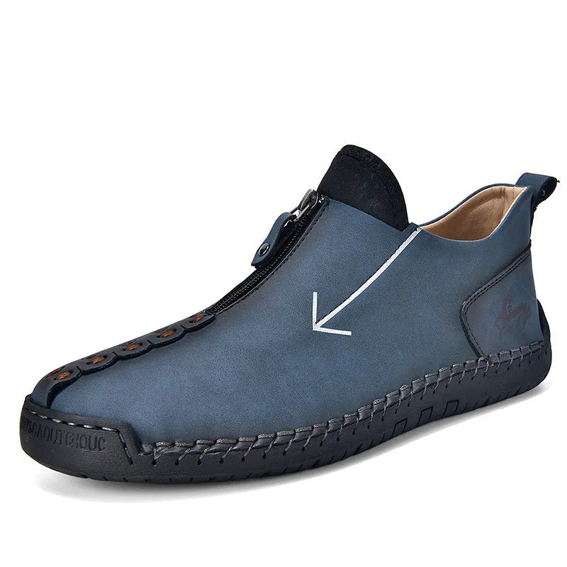 Men's black front zip Martin boots with hand-stitching on artificial PU upper and rubber sole.