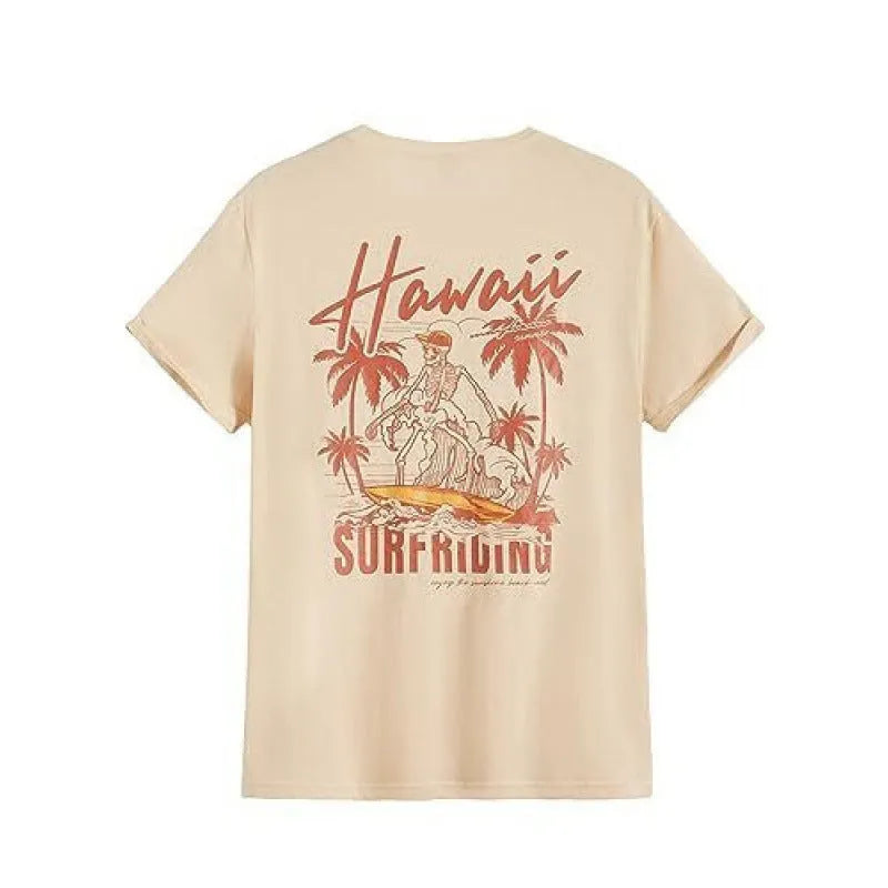 Men's short-sleeved printed streetwear T-shirt on a hanger, showing digital pattern design.