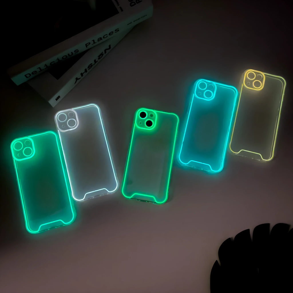 Glow in the dark soft TPU protective case for Apple iPhone on a dark background