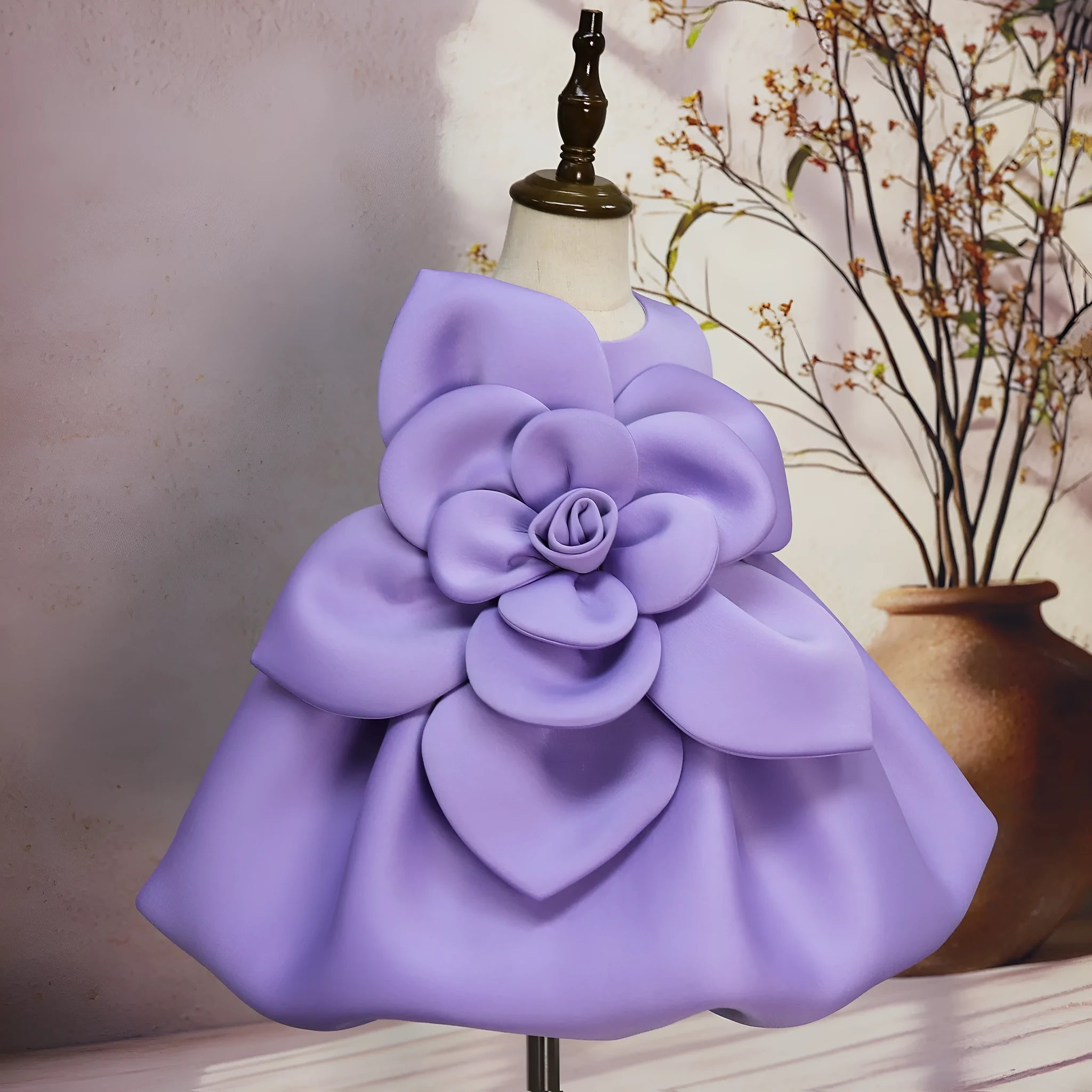 Purple solid colour dress with flower pattern for girls, acetate fabric, available in 90cm to 130cm heights