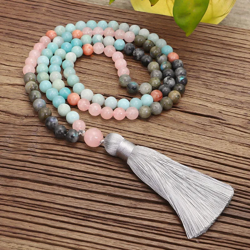 Bohemian style necklace and bracelet set with colourful stone drop pendants and tassel accents