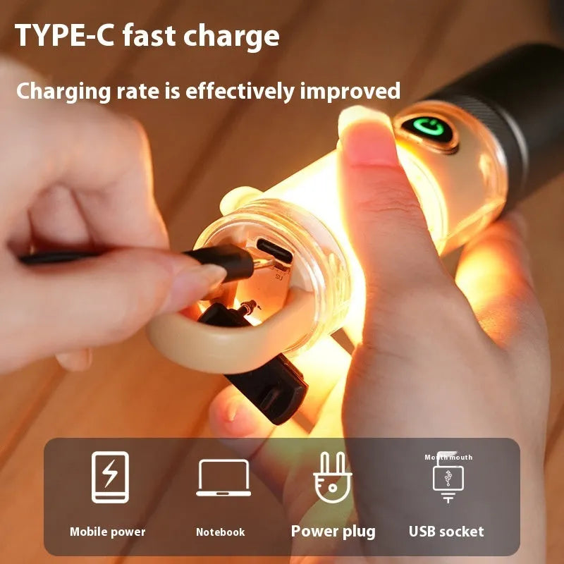 Orange and beige dual light source multifunctional flashlight with keychain attachment