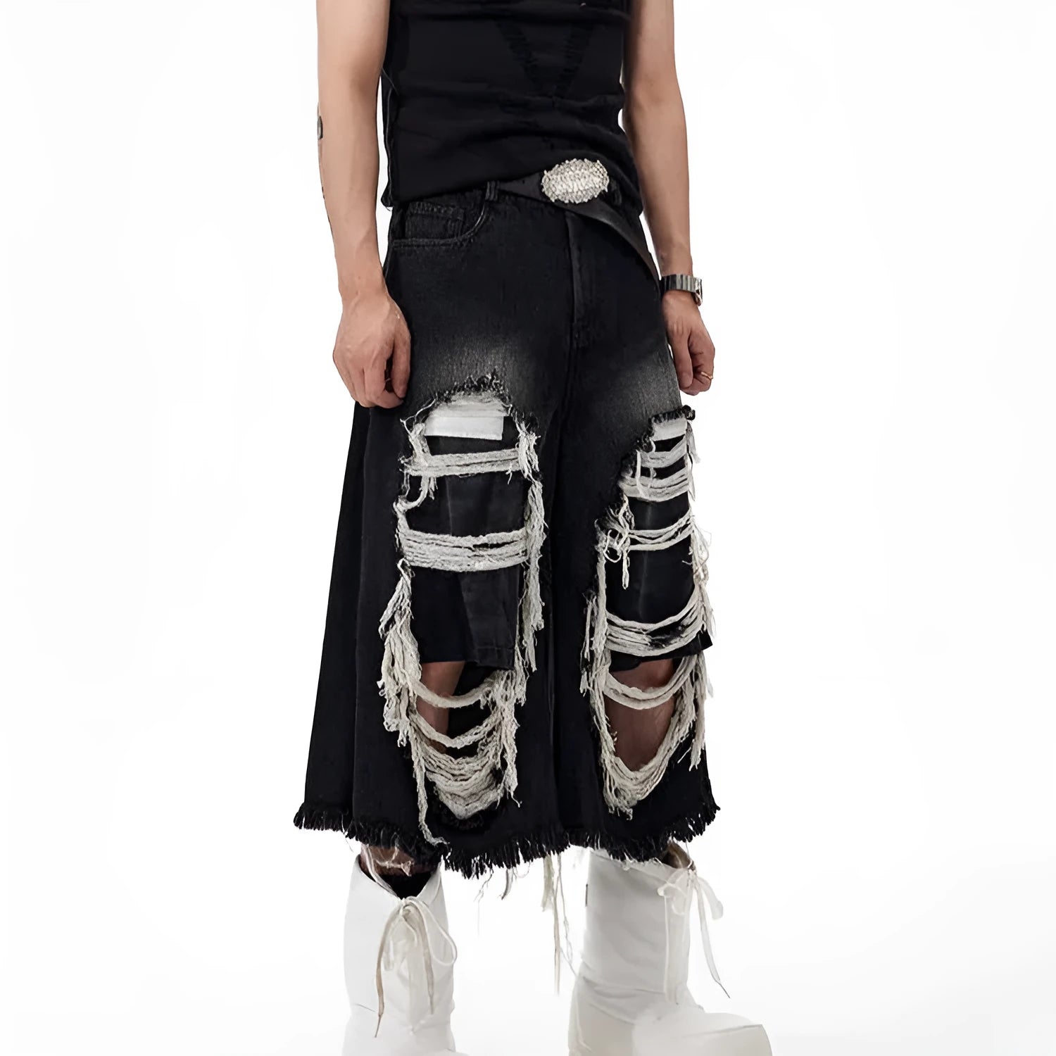 Black women's cropped wide-leg jeans with ripped patch detail and a mid-high waist