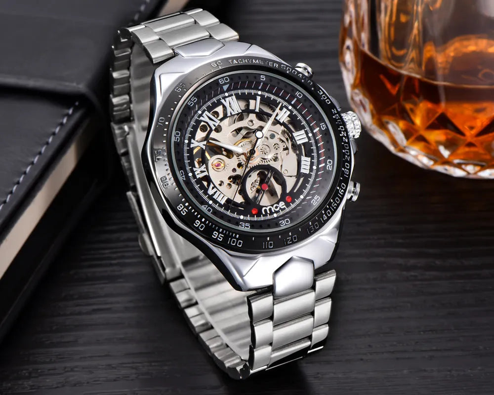 Men's stainless steel automatic mechanical watch with explosion-proof certification on a black strap.