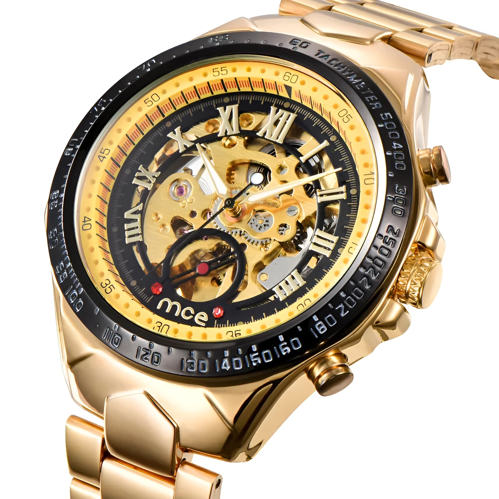 Men's stainless steel automatic mechanical watch with explosion-proof certification on a black strap.