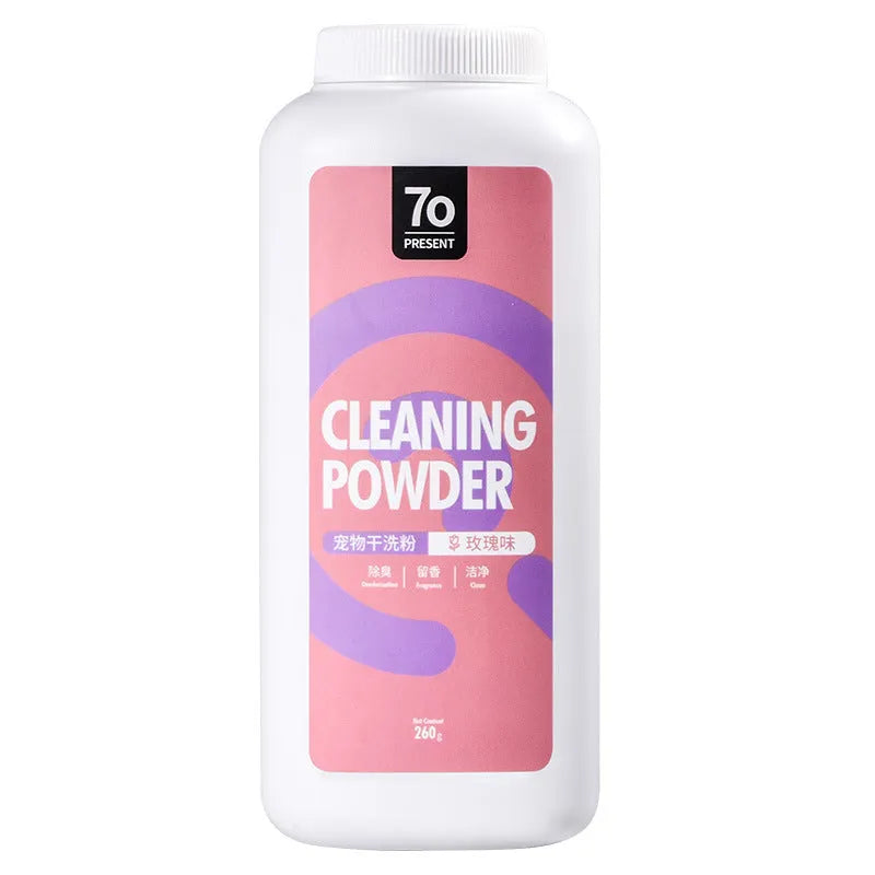 Dog dry cleaning powder container in three scent options measuring 15.5x5x6cm