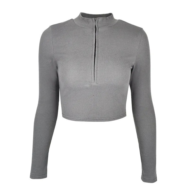 Women's solid colour zipper crop slim fit top in black, long sleeves, front zipper