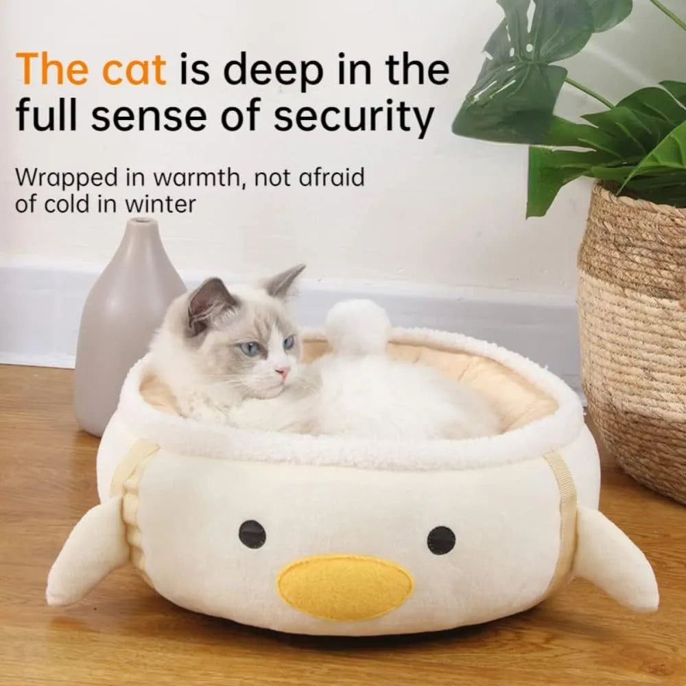 Green chick-shaped cat bed shown both flat and hanging as a hammock, for small pets.