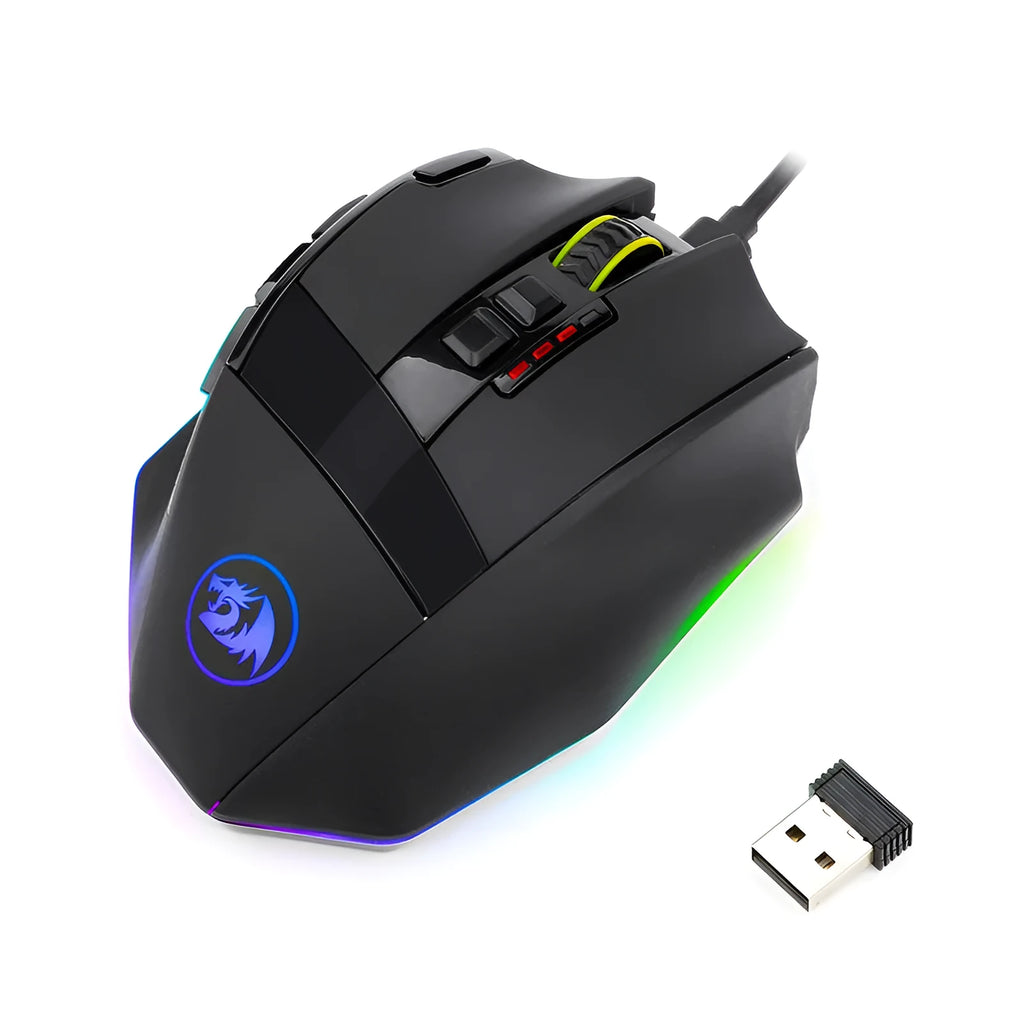 Black Redragon M801P dual mode wireless gaming mouse with nine buttons and ergonomic shape