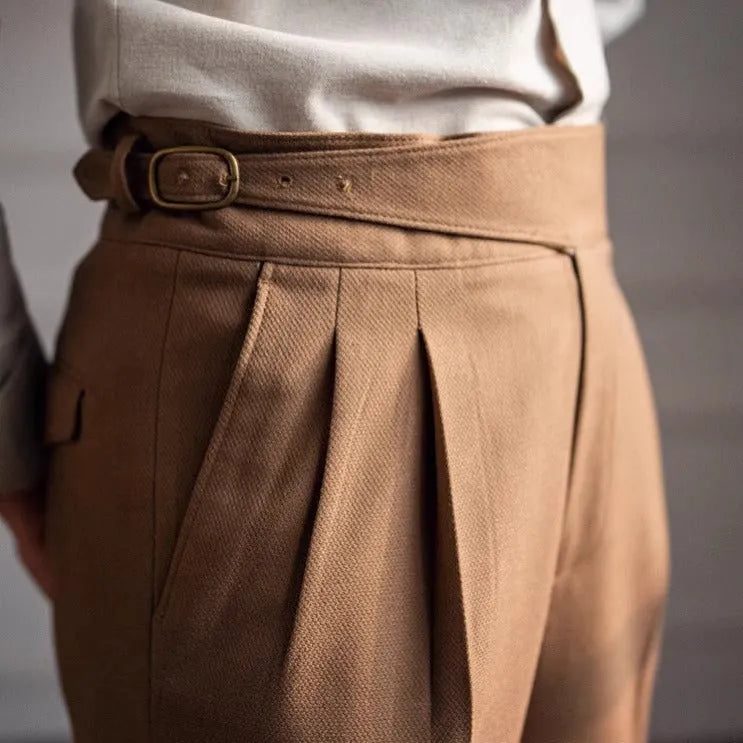 Man wearing black high-waist straight-leg casual polyester trousers for a leisure outfit.