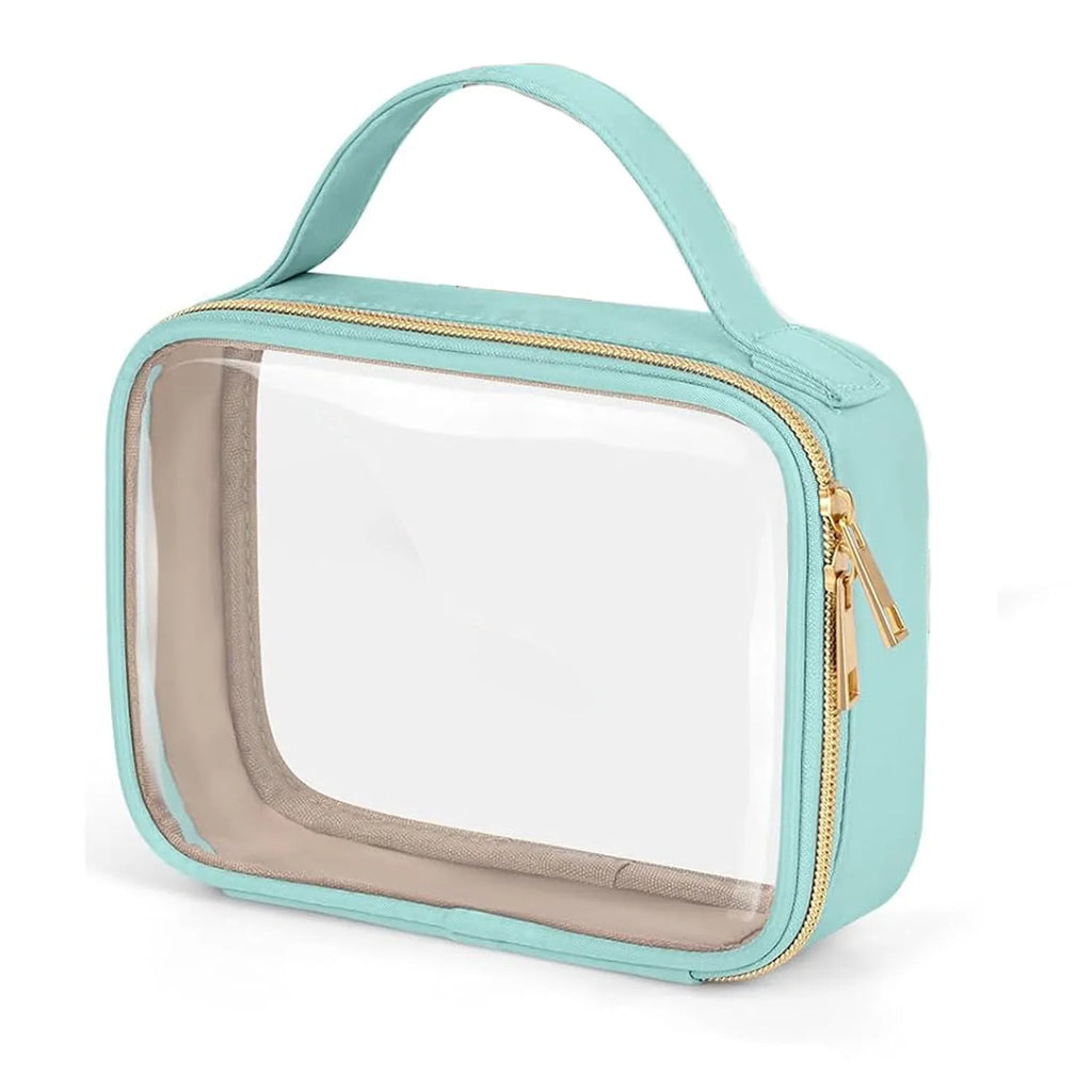Transparent PVC wash bag with detachable chain in leopard print, holding lipsticks and brushes.