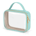 Transparent PVC wash bag with detachable chain in leopard print, holding lipsticks and brushes.