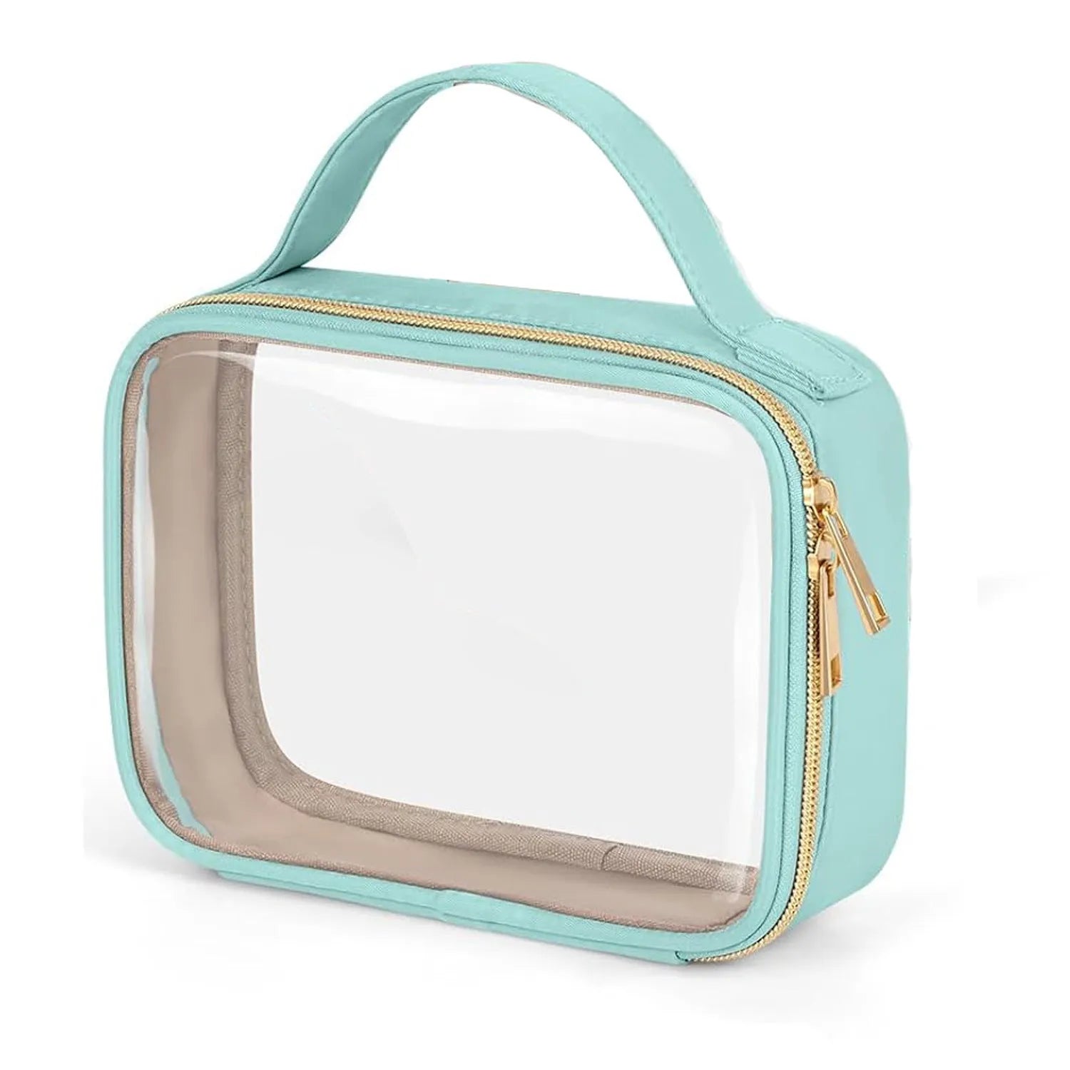 Transparent PVC wash bag with detachable chain in leopard print, holding lipsticks and brushes.
