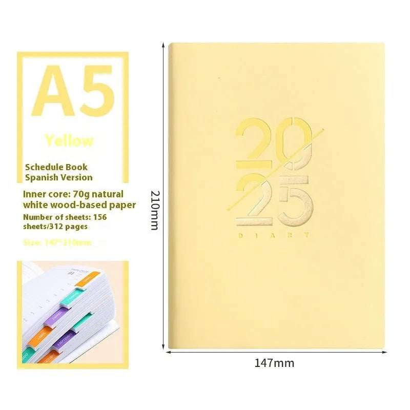 A5 daily schedule book with soft faux leather cover in various colours including pink, yellow, purple, blue and green
