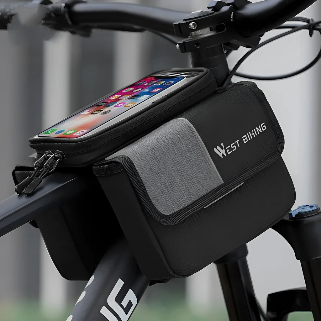 Black and grey bilateral tube saddle bag with touch screen compartment mounted on bicycle